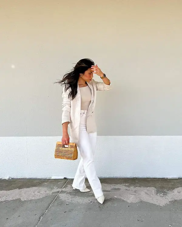 White Jeans and White Blazers with Ash Shirt + Clutch Purse + Boots