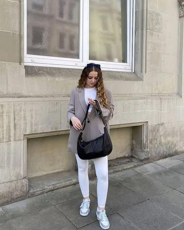 White Leggings with White Shirt + Brown Oversized Blazer + Sneakers + Handbag + Sunglasses