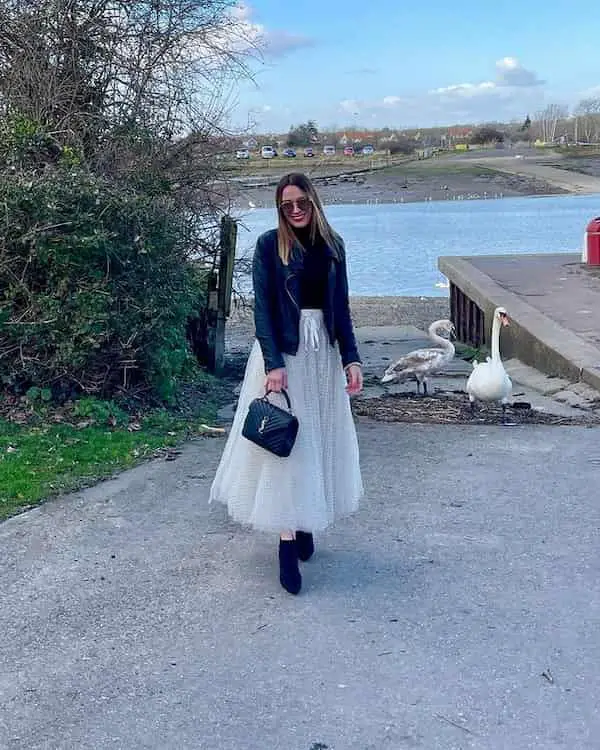 White Maxi Tulle Skirt with Black Top + Blue Jacket + Boots + Handbag + Sunglasses