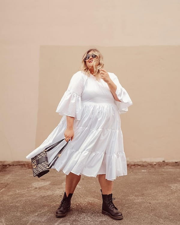 White Midi Dress  with Boots + Handbag + Sunglasses