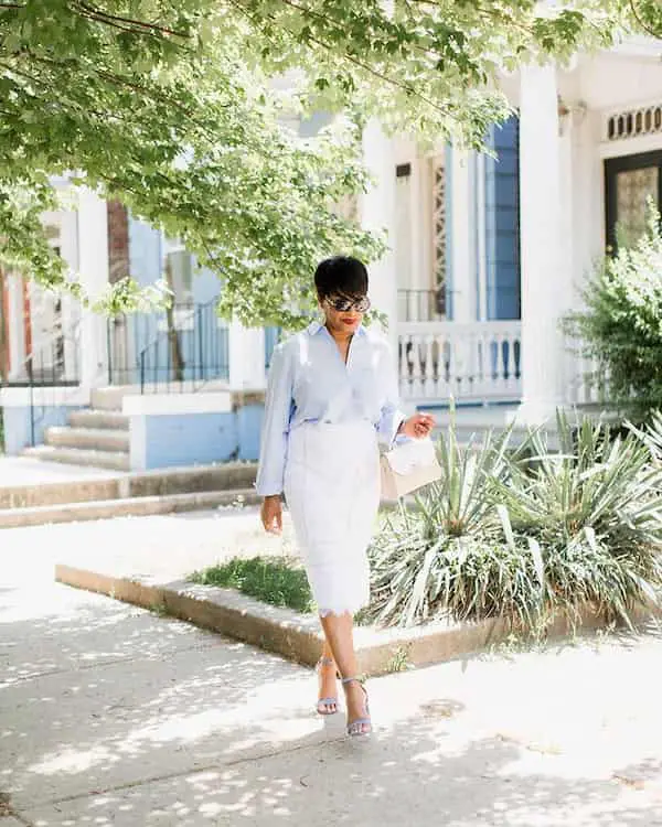 White Pencil Skirt with Sky Blue Long Sleeve Shirt + Heels + Handbag + Sunglasses