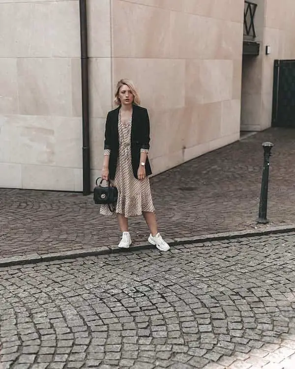 White Sneakers with Brown Midi Dress + Black Blazer + Handbag
