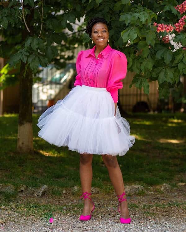 White Tulle Skirt with Pink Shirt + Heels