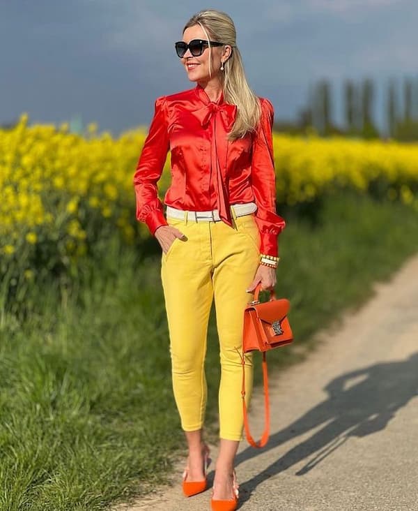 Yellow Leggings with Red Satin Long Sleeve Top + Heels + Handbag + Sunglasses