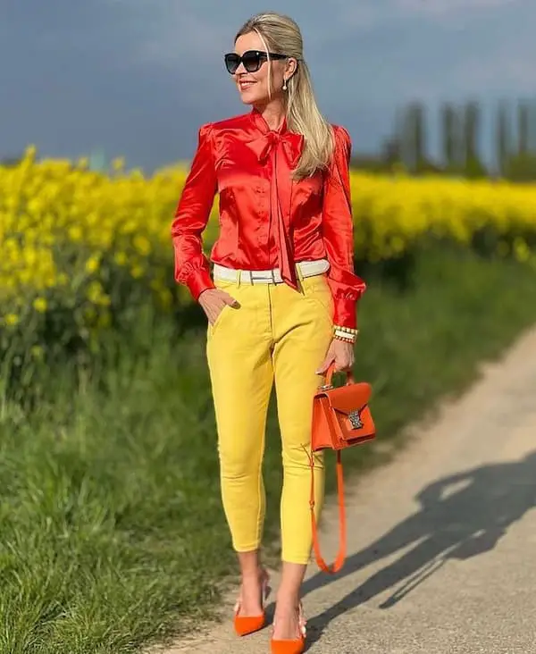 Yellow Leggings with Red Satin Long Sleeve Top + Heels + Handbag + Sunglasses