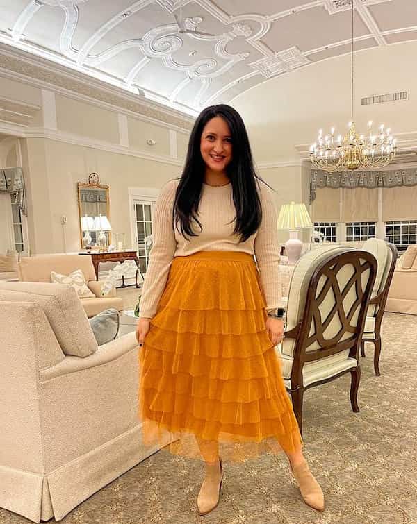 Yellow Midi Tulle Shirt with Cream Long Sleeve Blouse + Boots