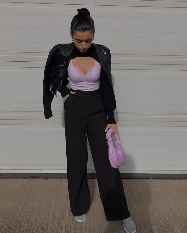 Arm Warmer + Leather jacket + Black Wide Leg Trousers with Purple Top and Trainers + Purple Mini Handbag