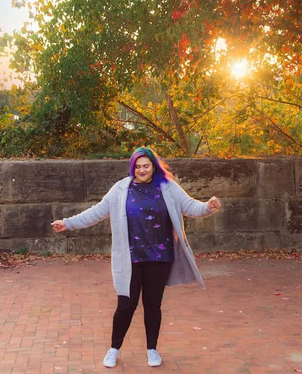 Gray Cardigan + Purple Tee with Black Jeans and White Sneakers