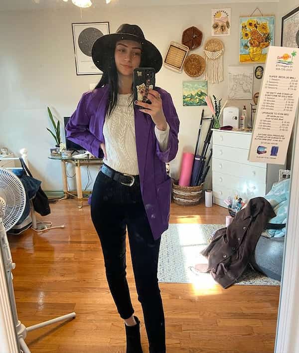 Lace Shirt + Purple Thrifted Blazer with Black Jeans and Black Ankle Boots + Hat