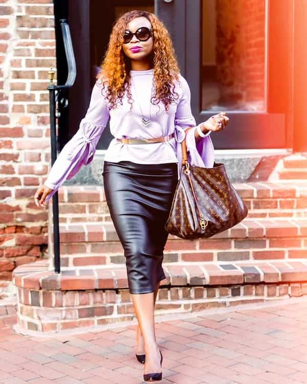 Purple Long Sleeve Shirt with Black Leather Skirt and Flats + Handbag + Sunglasses