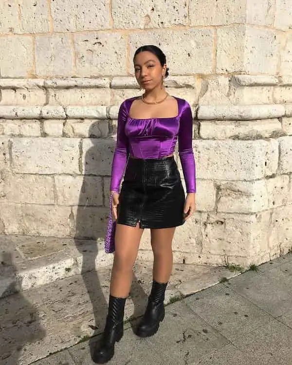 Purple Long Sleeve Show back Crop Top with Black Leather Skirt and Black Combat Boots