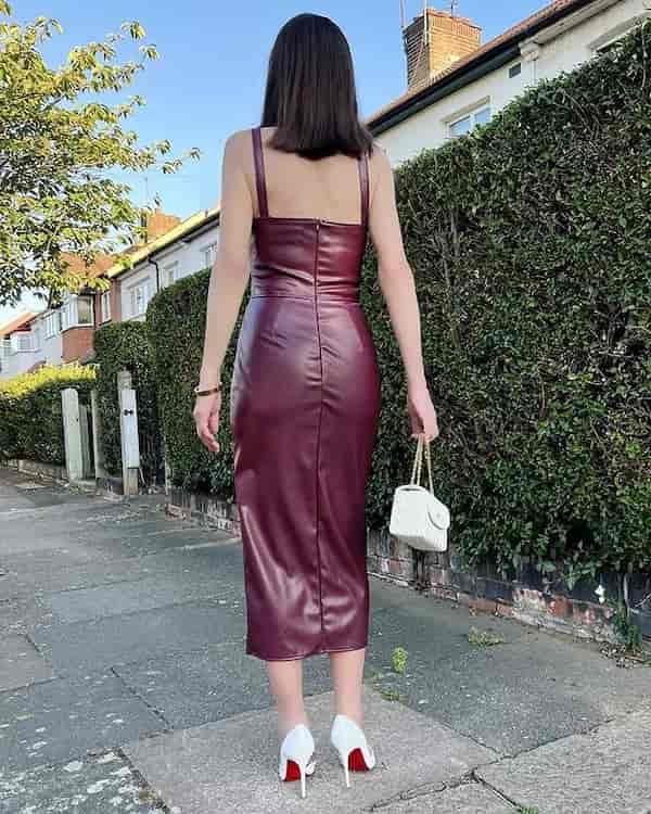 White Shoes on Burgundy Dress